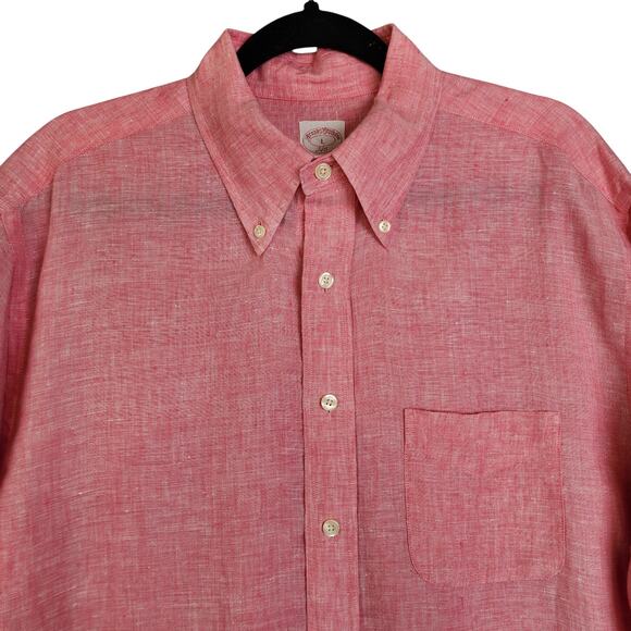 Brooks Brothers Mens 346 The Original Polo Linen Shirt Size Large Pink Button Up - Picture 2 of 12